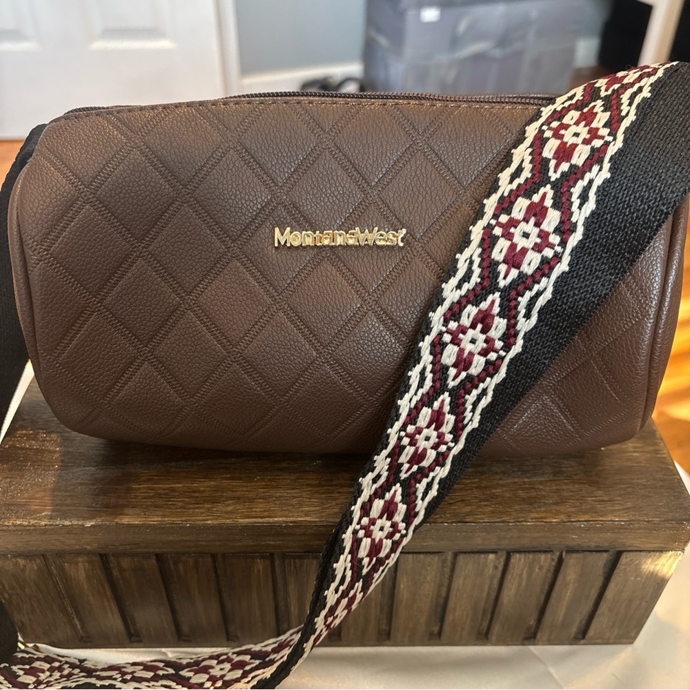 Montana West Brown Quilted Bag with Patterned Strap